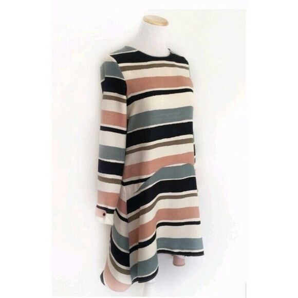 Zara Basic Striped A-Line Long Sleeve Keyhole Shift Dress S - Picture 2 of 4